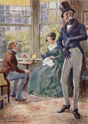 Pen talking to Emily in the Captain's drawing room (colour litho)