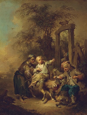 A young peasant family disporting with a billy goat in a farmyard (oil on canvas)