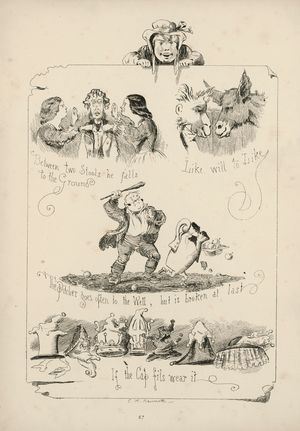 Page from Proverbs with Pictures by Charles H Bennett, 1859 (engraving)