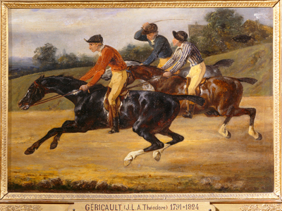 Course de chevaux montes, allant à gauche, au moment du depart - Horse race ...