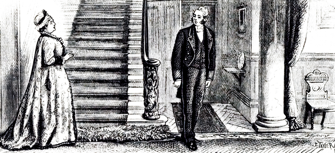 An engraving depicting the lady of the house instructing the footman to say she is "not at home" when he answers the door, 19th century