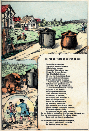 Illustration of La Fontaine's Fables The Clay Pot and the Iron Pot, engraving, c. 1890
