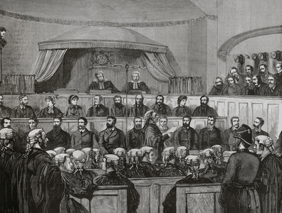 Ireland, Dublin. Proceedings against the heads of the "Irish Land League". First hearing in court. The "attorney" reading the indictment. Engraving, 19th century.