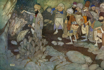 Ali Baba and the Forty Thieves, illustration from the Arabian Nights, 1907 (lithograph)