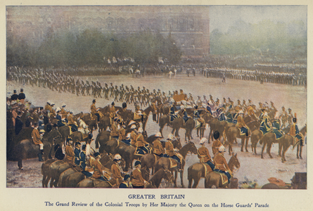 Queen Alexandra reviewing British colonial soldiers of the Boer War on Horse Guards Parade, London, 1902 (colour photo)