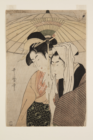 Man and Woman Under an Umbrella (colour woodblock print)