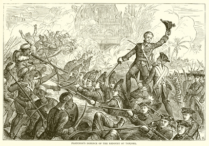 Fletcher's defense of the redoubt at Tanjore (1771) (engraving)