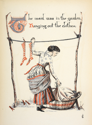 The maid was in the garden hanging out the clothes.