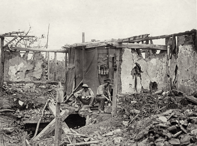 A Tommy's billet among the ruins, Western Front, 1914-18 (b/w photo)