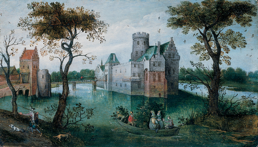 A moated Castle with elegant Figures in a Boat and a Huntsman and his Dogs on a Path in the foreground (oil on panel)