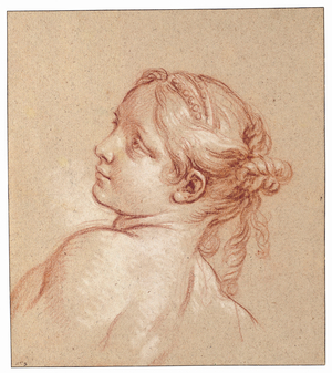 A Girl, bust-length, her Head Tilted to the Left (red and white chalk on light brown paper)
