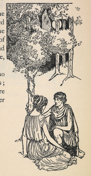 A scene from a play by William Shakespeare. Two people sitting together under a tree. A fairy watching them.