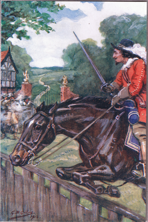 The Romance of Britonmarte: But she cleared by inches the oaken board, from Poems of Adam Lindsay Gordon published by T. N. Foulis, 1912 (colour litho)