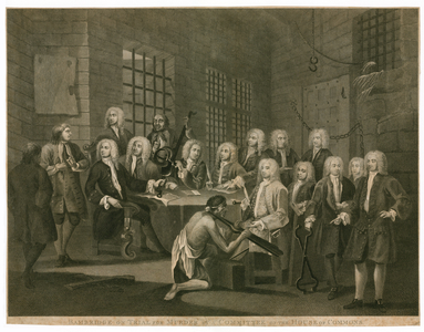 Bambridge on trial for murder by a committee of the House of Commons (engraving)