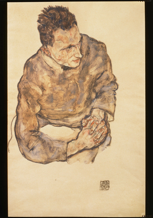 Portrait of Karl Grünwald with Clasped Hands … (watercolour and black crayon)