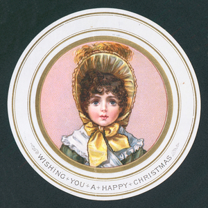 Girl wearing Bonnet, Christmas Card (chromolitho)