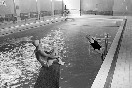 Sports and relaxation in the swimming pool, Freudenstadt, Germany 1930s (b/w photo)