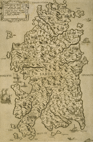 Map of Sardinia, Mediterranean Sea, Italian engraving, 16th century