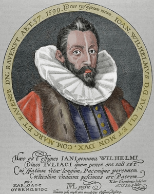 Portrait of John William of Julich-Cleves-Berg (1562-1609). Duke of Julich-Cleves-Berg.  German noble and religious (coloured engraving)