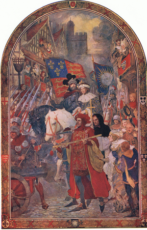 Henry VI. Battle of Barnet 1471: The trained bands marching to the support of Edward IV, from Cassells History of the British People published by the Waverley Book Company Limited, c.1940 (colour litho)