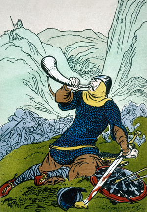 The Song of Roland : Roland of Roncevaux blowing in horn to alarm Charlemagne, illustration by Fernand Fau, 1928