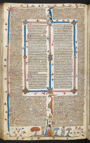 A bas-de-page scene of the Virgin Mary watching a man and a woman embracing