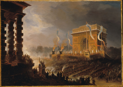 Fête de la Fraternité à l'arc de triomphe de l'Étoile : défilé après la distribution des drapeaux, le soir du 20 avril 1848, en 1848 (huile sur papier sur toile)