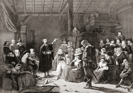 The first meeting of the Pilgrim Fathers, 17th century, from Hutchinson's History of the Nations, pub.1915