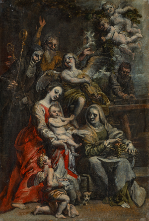 The Holy Family with Saint Anne, other Saints and Angels (oil on paper laid on panel)