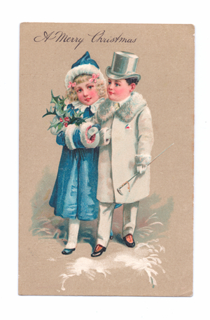 Edwardian Christmas postcard of two children dressed in top hat and fur cape holding a sprig of holly and walking cane, c.1910 (colour litho)