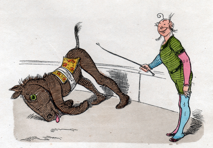 Art. Entertainment. Circus. Clown training a fake horse. Imagery "Munchener Bilderbogen", Germany, c.1880 (colour engraving)