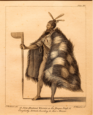 New Zealand warrior in traditional attire (engraving)