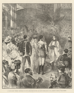 A Fashionable Wedding (Marriage of Count Alexander Munster and Lady Muriel Hay) at St Andrew's Church, Wells-Street (engraving)