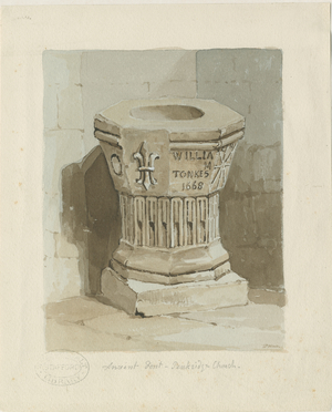 Font in Penkridge Church: water colour painting, nd [c 1836] (painting)
