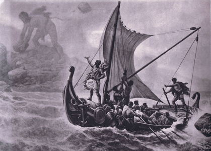 Ulysses deriding the Cyclops, from MacMillan school posters, c.1950-60s (litho)