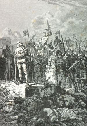 Richard the Lionheart orders the massacre of the Muslims at Saint Jean d'Acre, 1191 (Engraving)