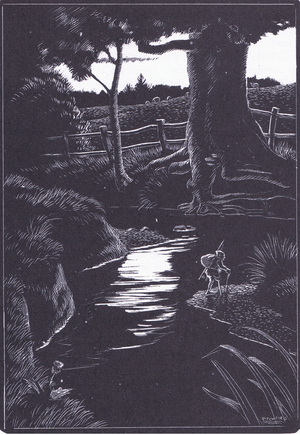 Dodder begins his lonely journey up the Folly Brook, illustration from Little Grey Men published by Methuen, 1974 (litho)