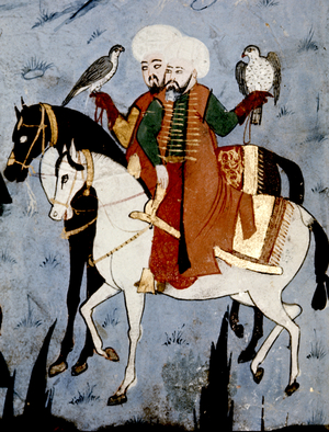 Ms H1524 p.248A, Detail of Suleyman hunting with hawks, from the 'Book of Accomplishments' (vellum)