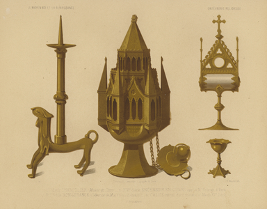 Medieval candlestick, censer, monstrance and chalice (chromolitho)
