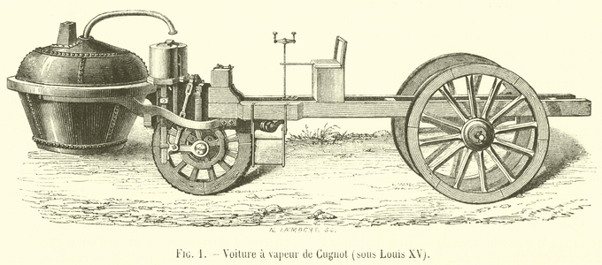 Voiture a vapeur de Cugnot, sous Louis XV (engraving)