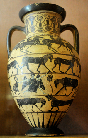 Greek art. Tyrrenian neck-amphora: riders, animals and monsters. 570-560 BC. Clay.