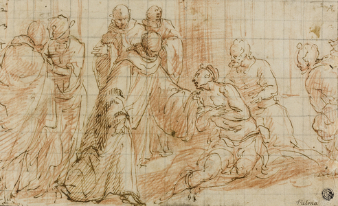 Monastic Healing (pen & brown ink with red chalk, on ivory laid paper, squared in black chalk, laid down on ivory laid paper)