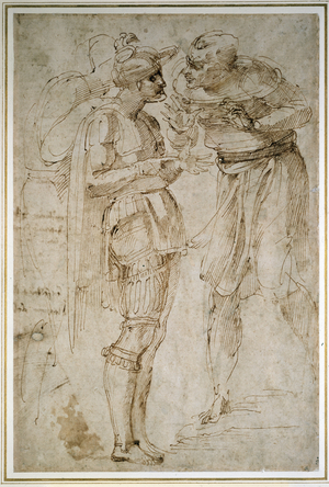 Three Men in Conversation (pen & brown ink on paper)