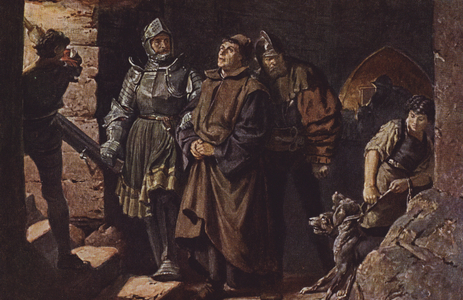 Hans von Berlepsch and Burckhardt Hund von Wenckheim escort Martin Luther to Wartburg Castle. (colour litho)