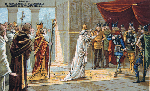 Pope Stephen II (III) in Paris asking Pepin the Short for help against the Lombards, 19th century (trade card in chromolithograph)