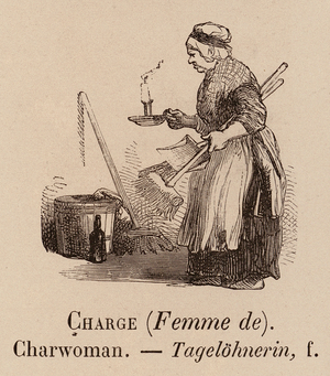 Le Vocabulaire Illustre: Charge (Femme de); Charwoman; Tagelohnerin (engraving)