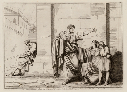 Gaius Gracchus saying goodbye to his wife and son, 121 BC (etching)