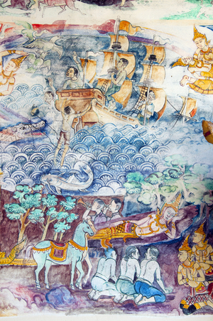 Thailand: Mural scene from the Buddhist Jataka tales on the front of the viharn at Wat Si Khun Mueang, Chiang Khan, Loei Province