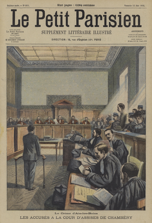 Trial of the Aix-les-Bains murderers in Chambery, France (colour litho)