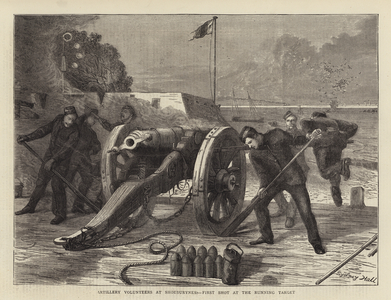 Artillery Volunteers at Shoeburyness, First Shot at the Running Target (engraving)